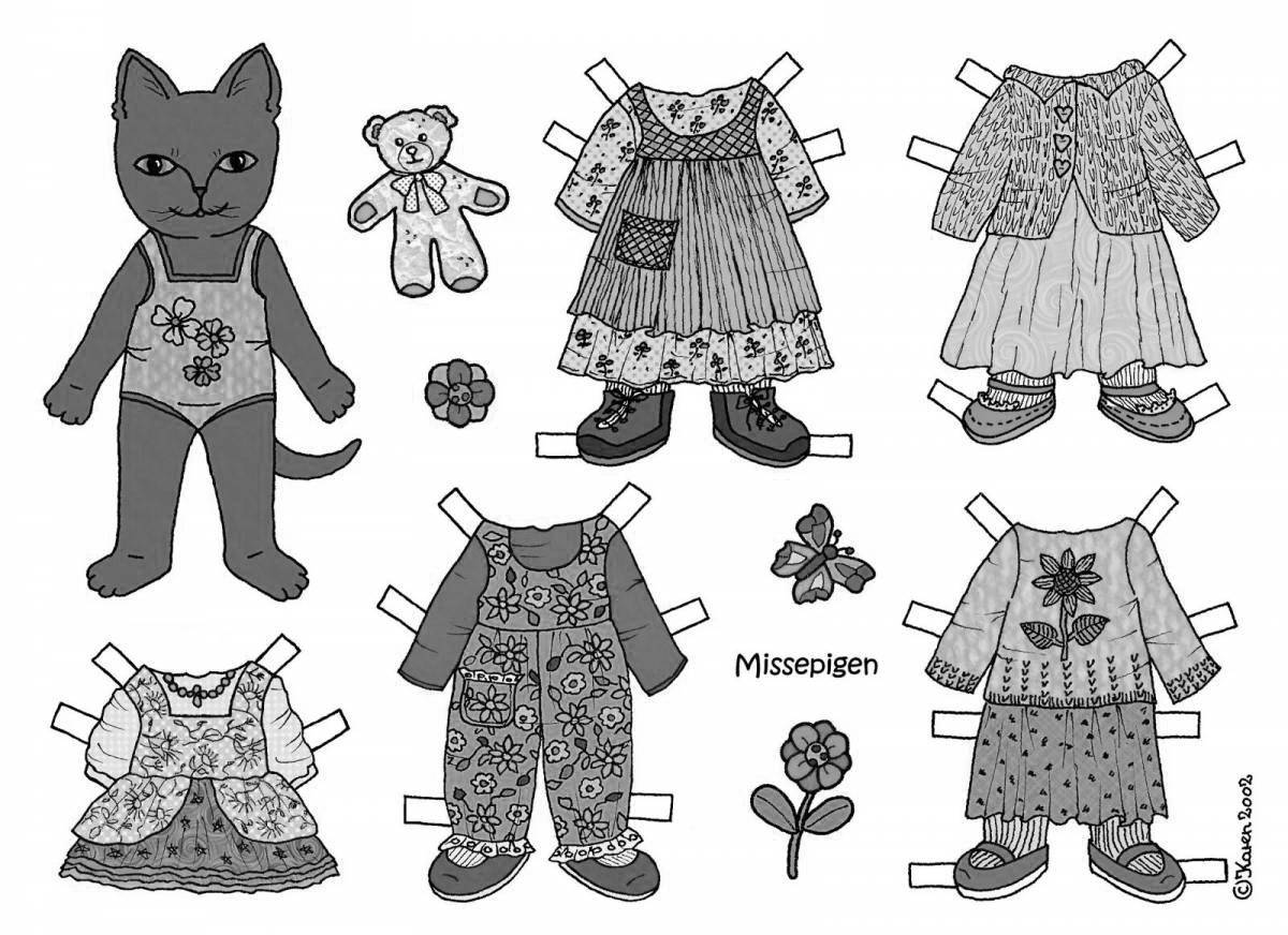 Dazzling cat coloring pages with clothes to cut out
