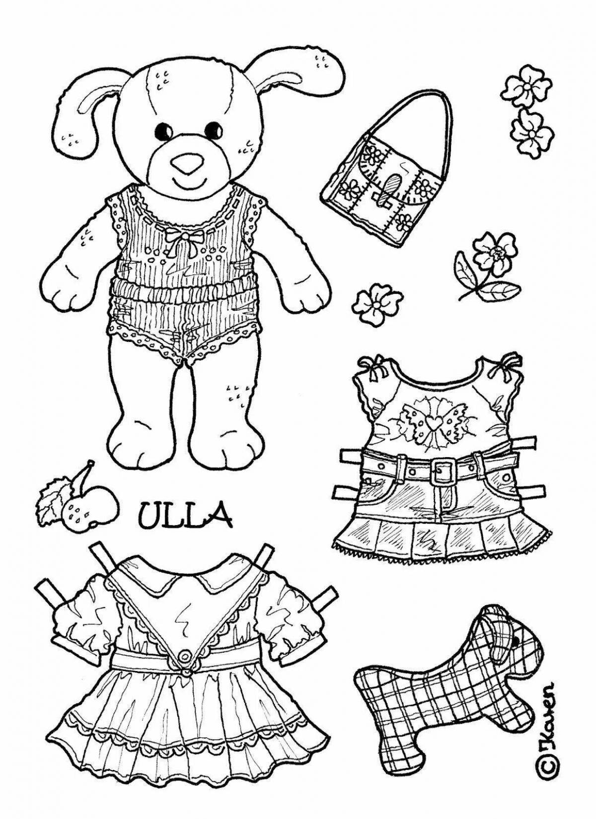 Colorful cat coloring pages with clothes to cut out