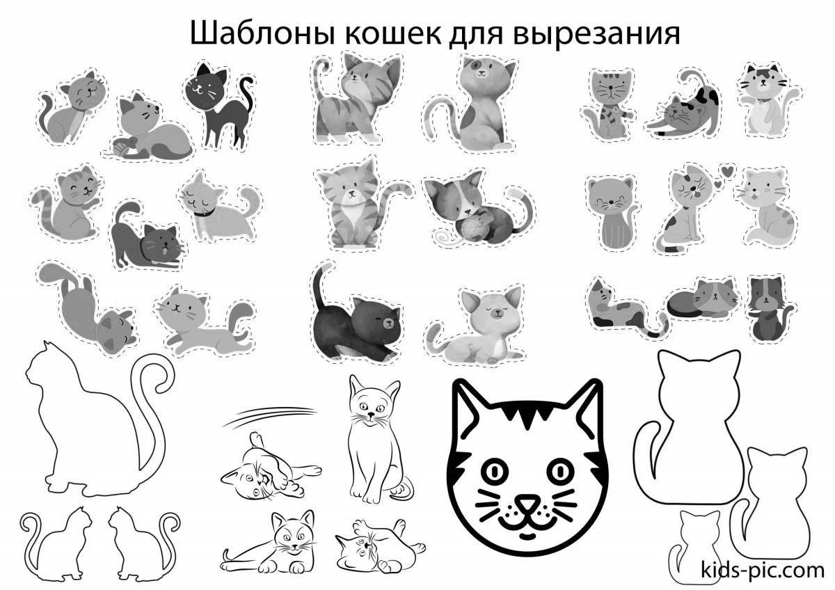 Цветные раскраски кошки с одеждой, которую нужно вырезать