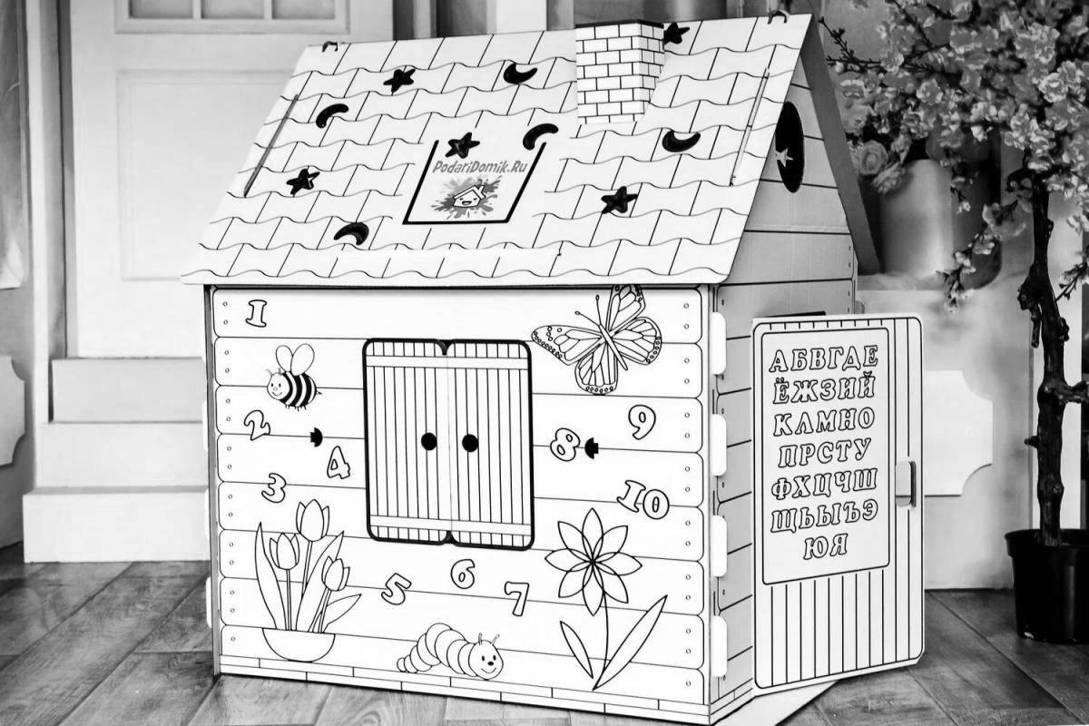 Whimsical coloring of a cardboard house for preschoolers
