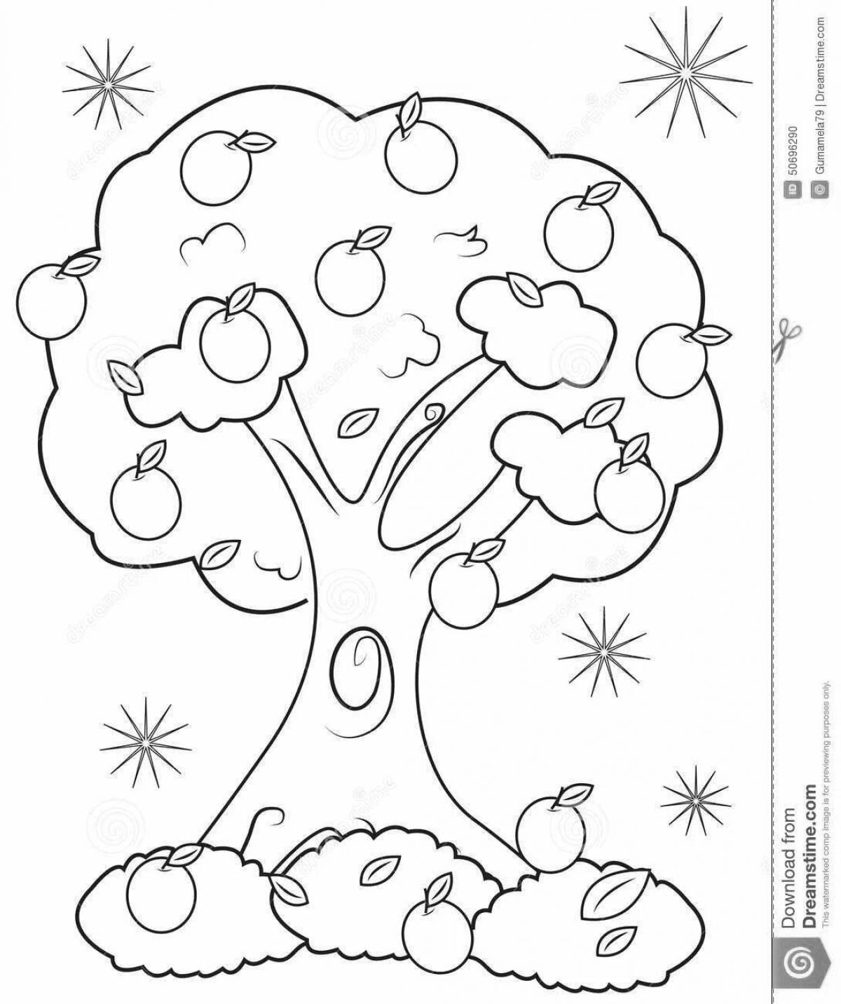 A cheerful apple tree with apples for preschoolers