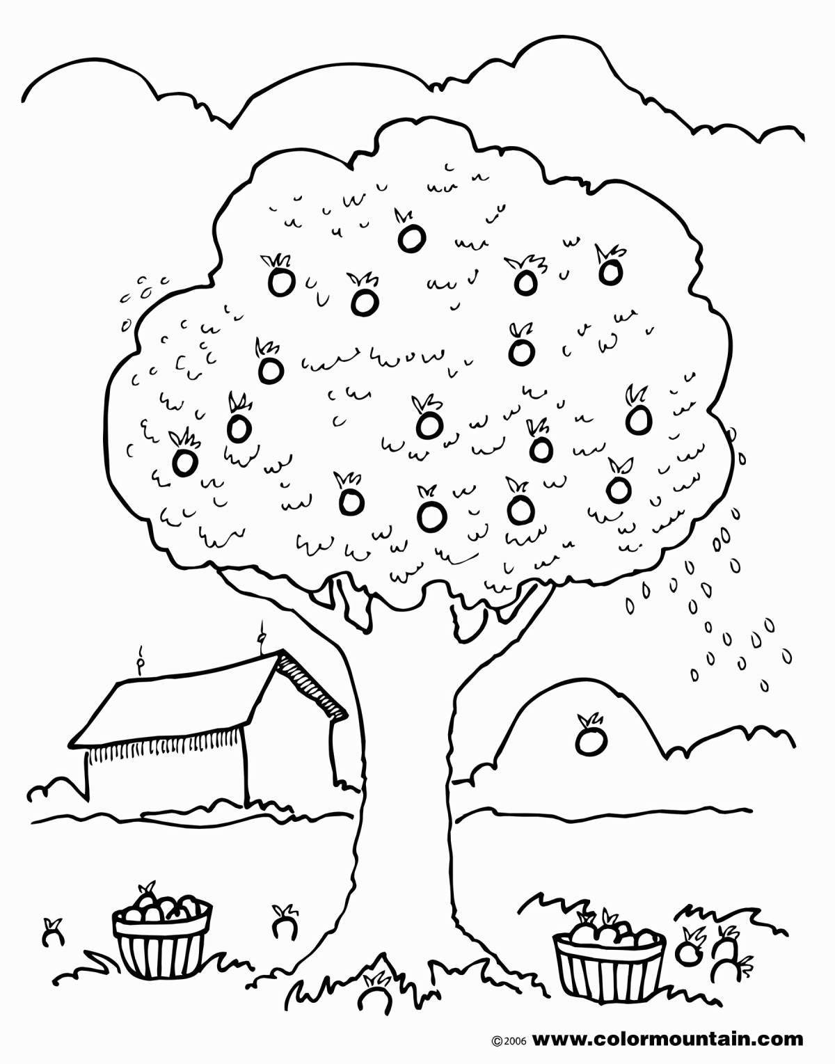 Blooming apple tree with apples for children