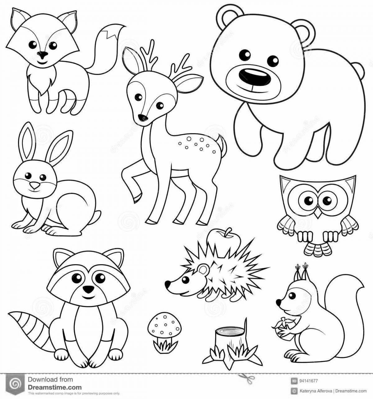 Coloring book of forest animals with colorful splashes for children 5-6 years old