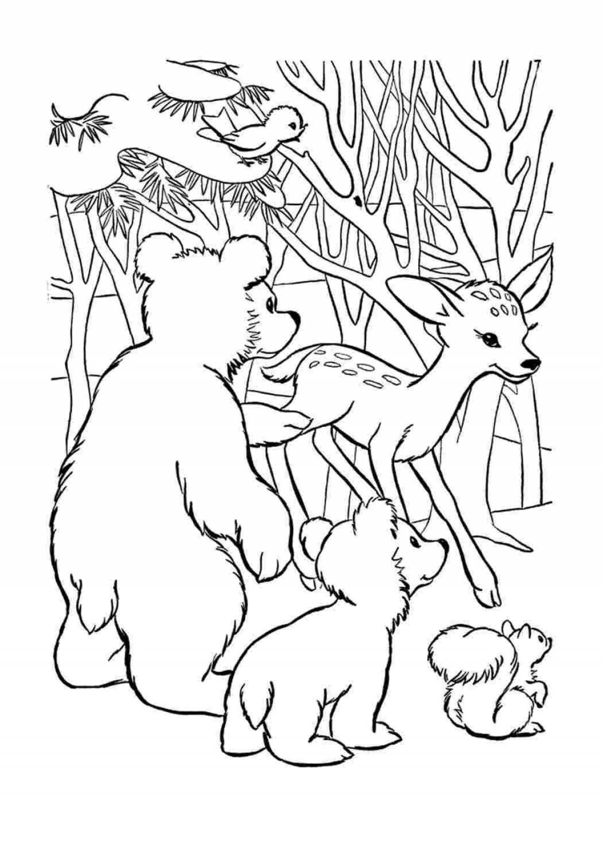 Цветная яркая страница раскраски лесных животных для детей 5-6 лет