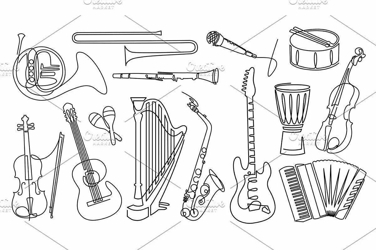 Coloring pages with playful musical instruments for children 3-4 years old