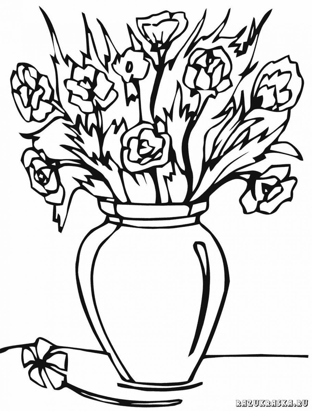 Coloring book shining vase with flowers for children 5-6 years old