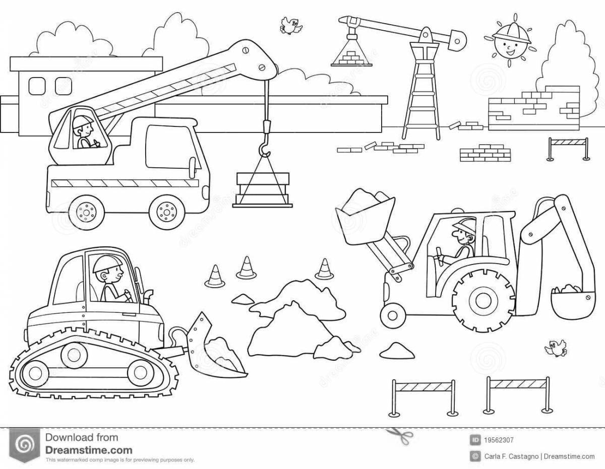 Colorful construction machinery coloring page for 6-7 year olds