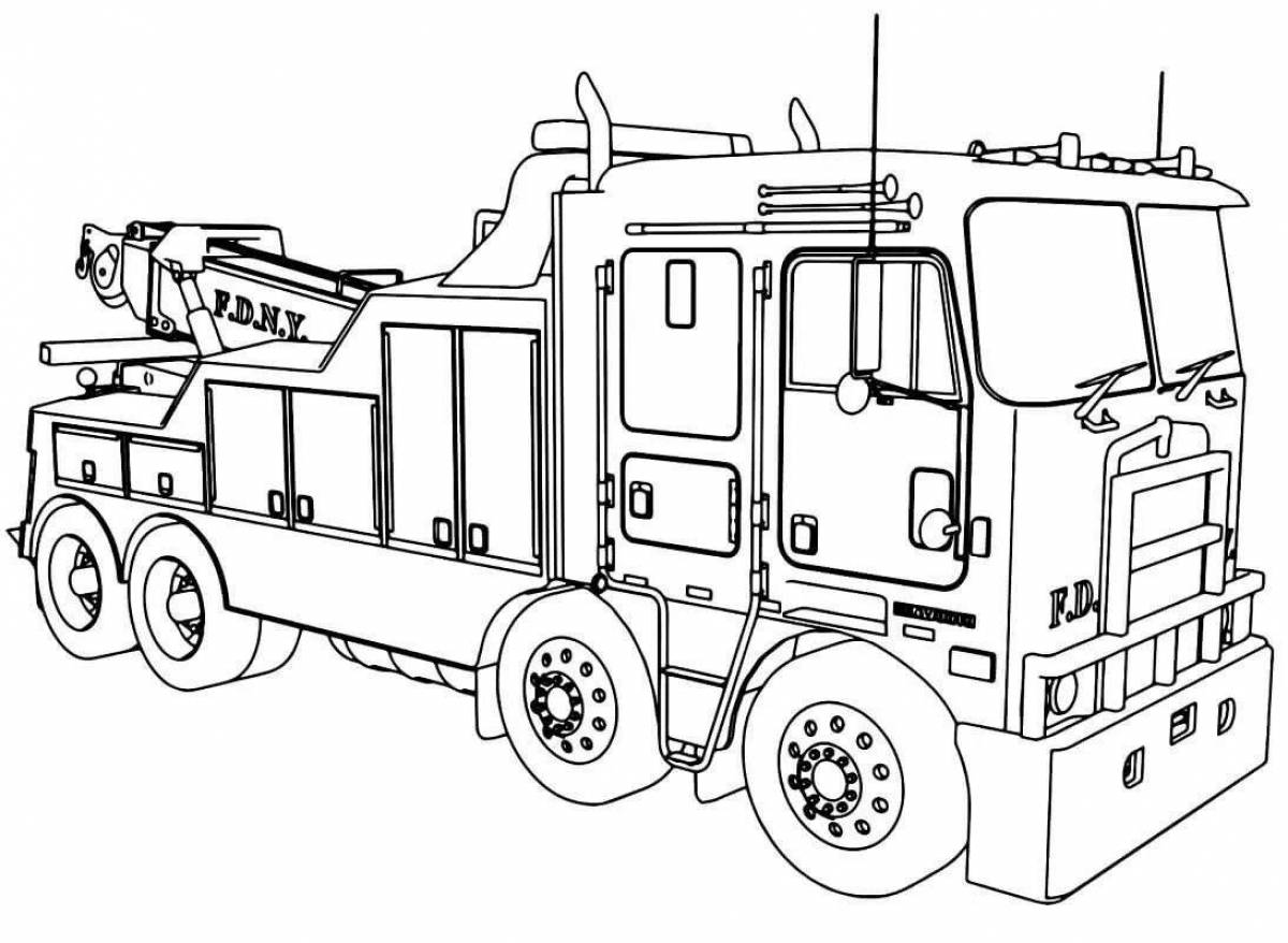 Красочная страница раскраски пожарной машины для детей 6-7 лет