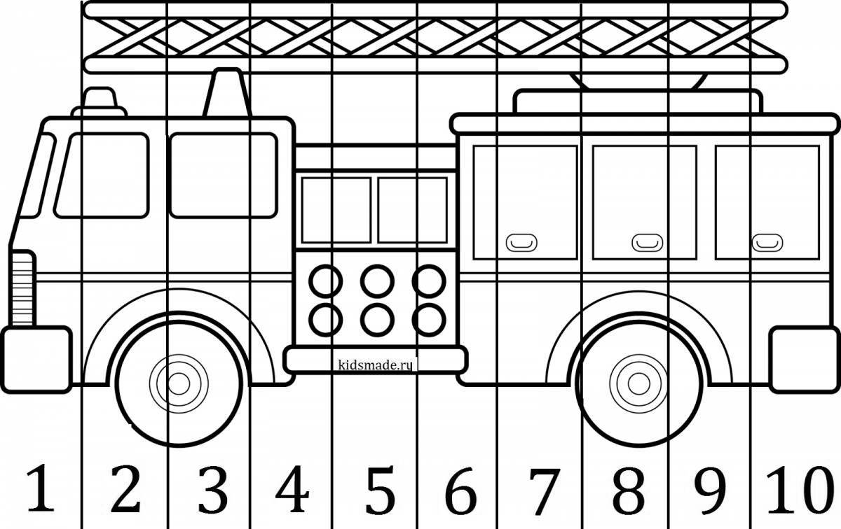 Coloring book funny fire truck for children 6-7 years old