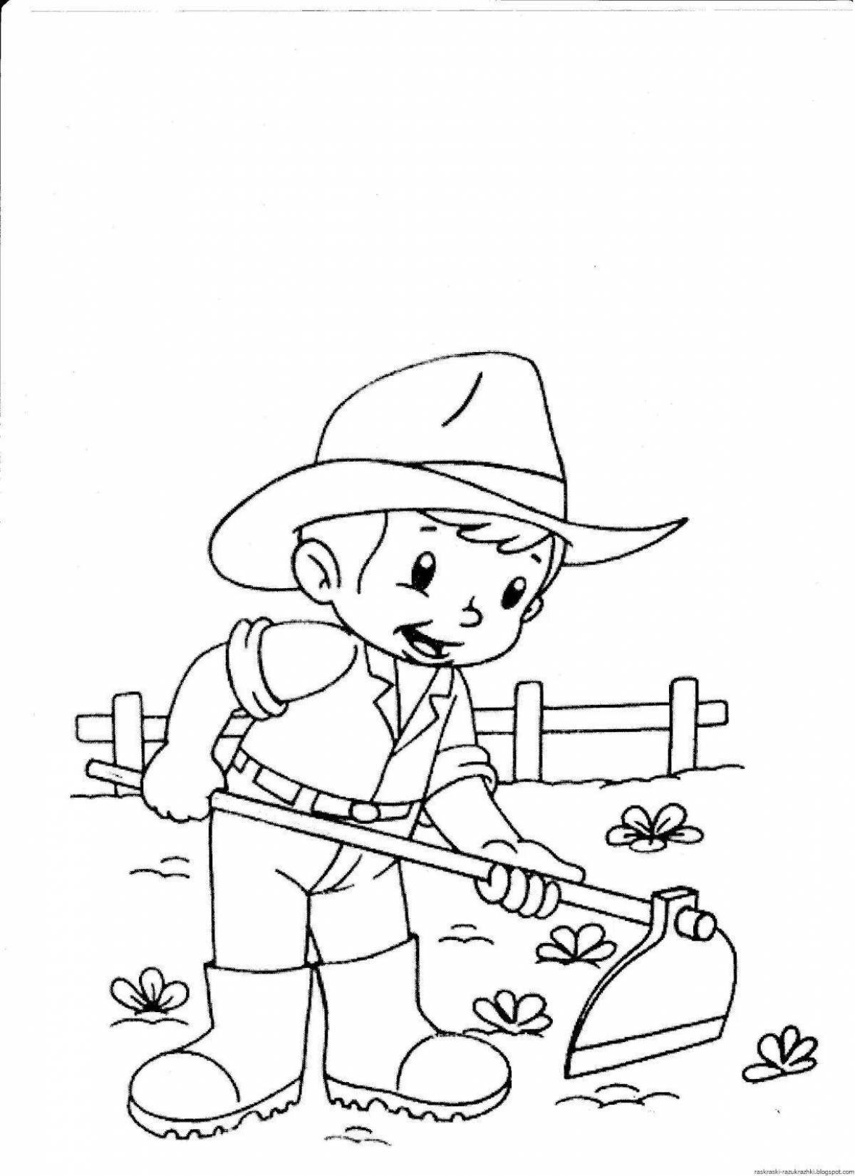 Coloring page happy farmer for kids