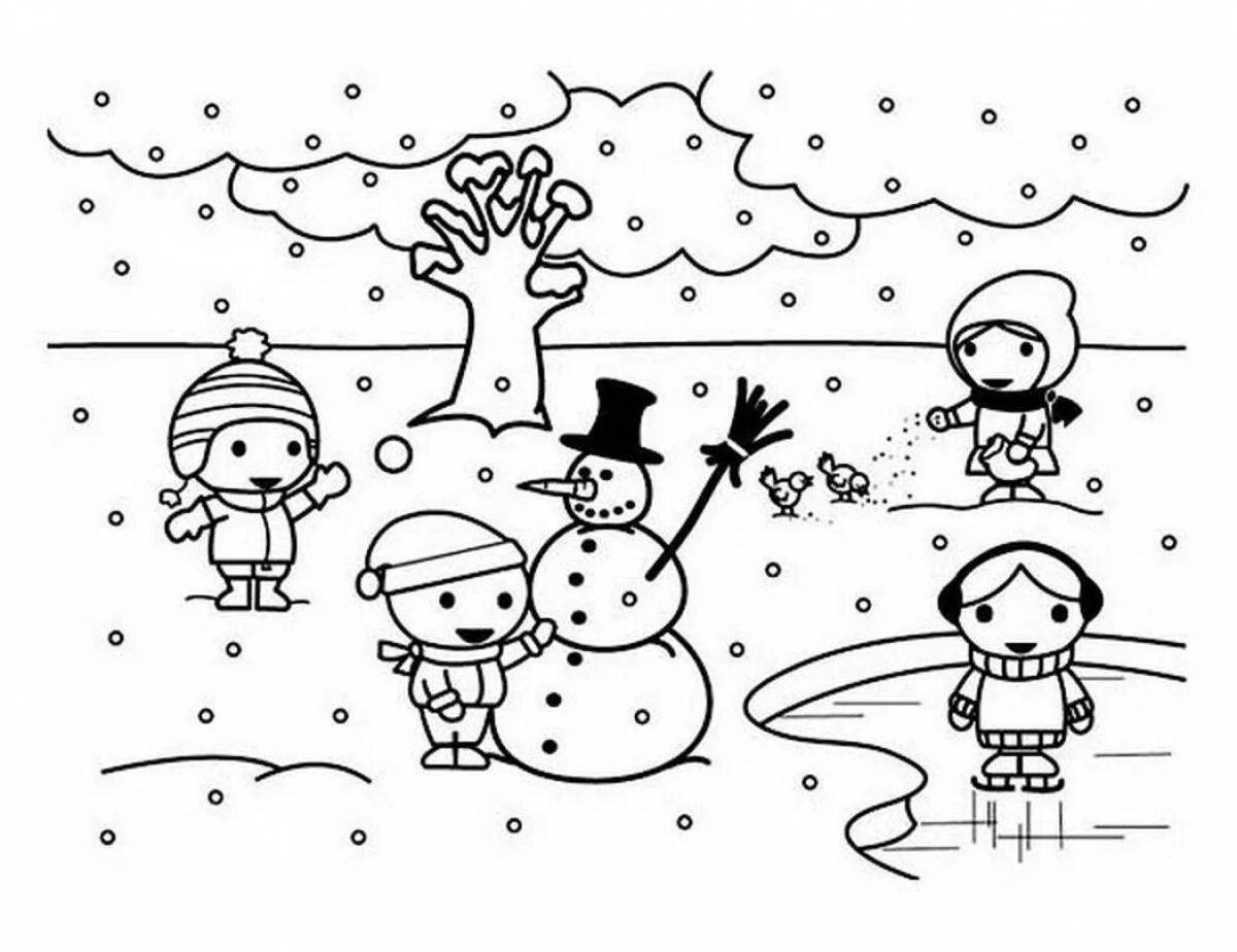 Прекрасная страница раскраски снегопада для детей
