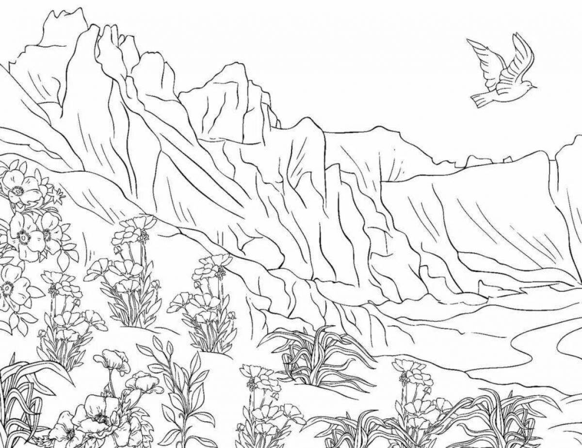 Scenic mountain landscape coloring book for children