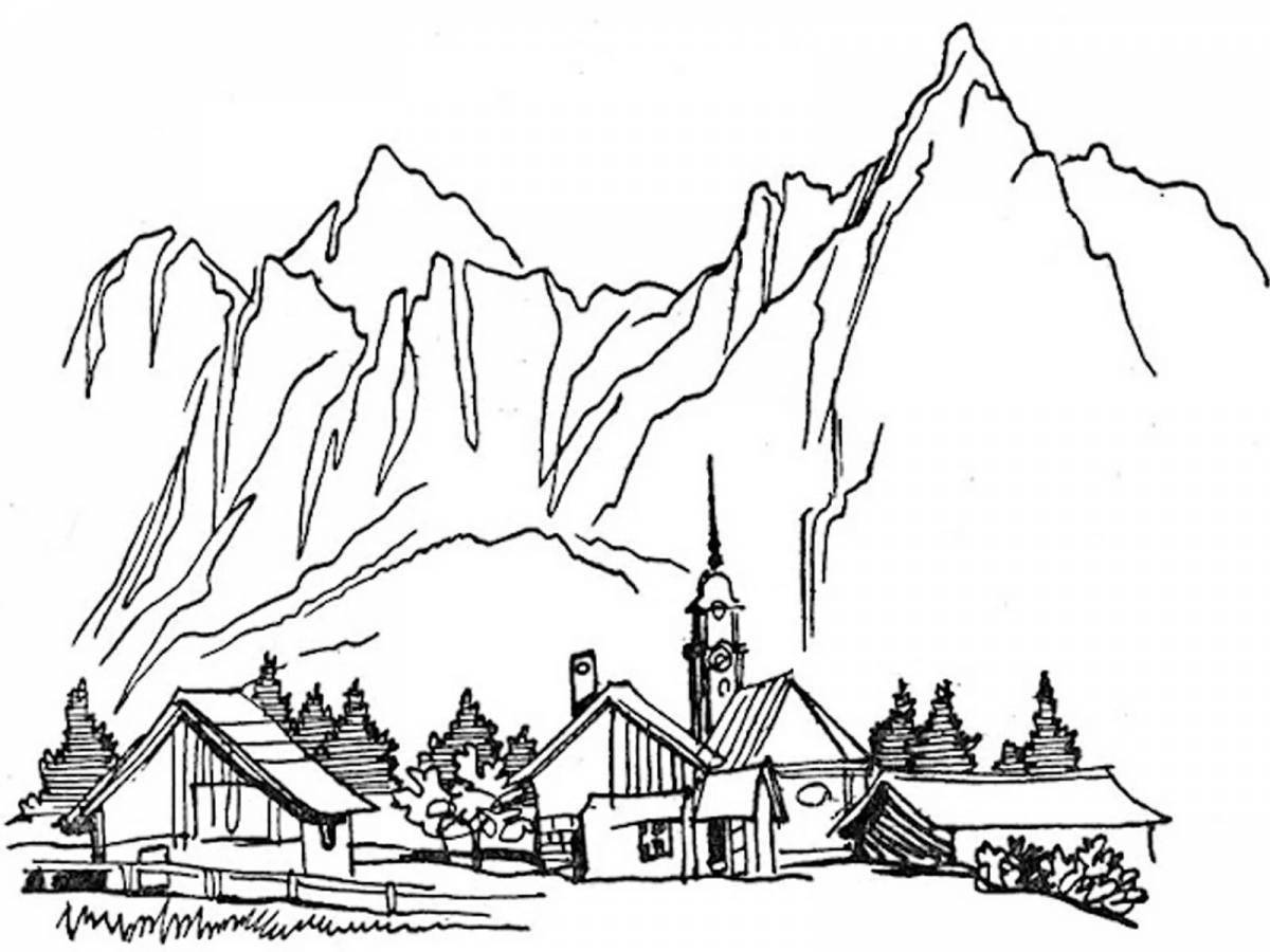 Vibrant mountain scenery coloring pages for kids