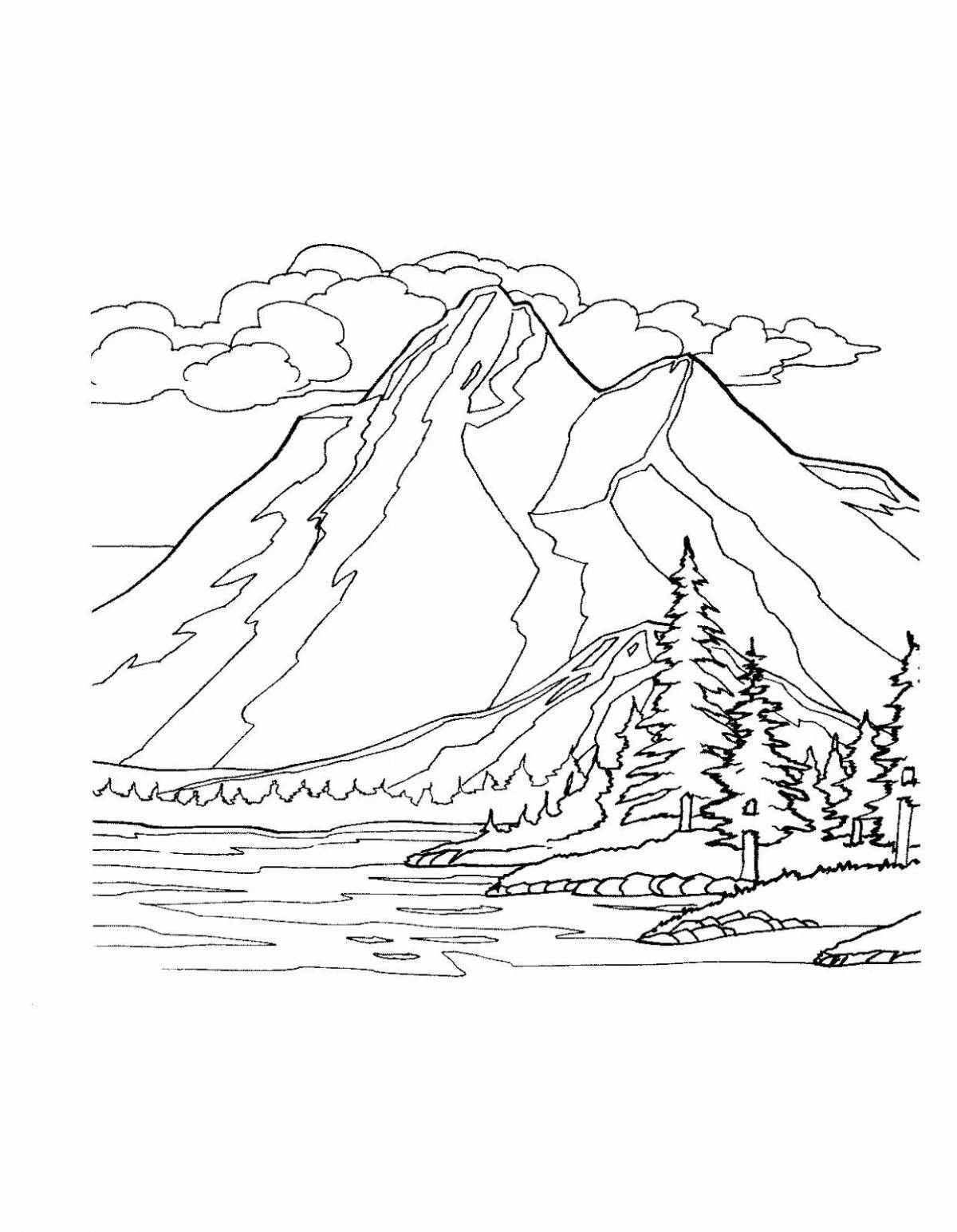 Coloring book inviting mountain scenery for children