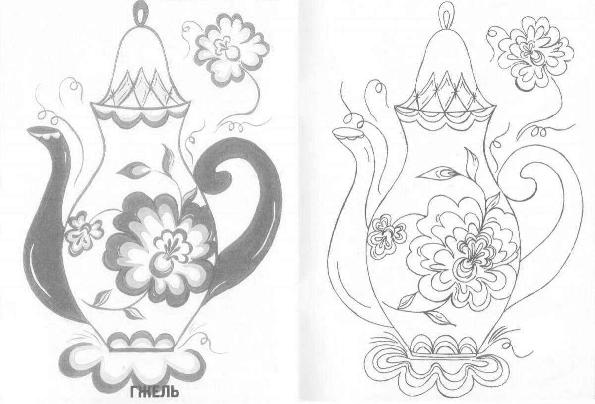 Coloring book joyful Gzhel teapot for children