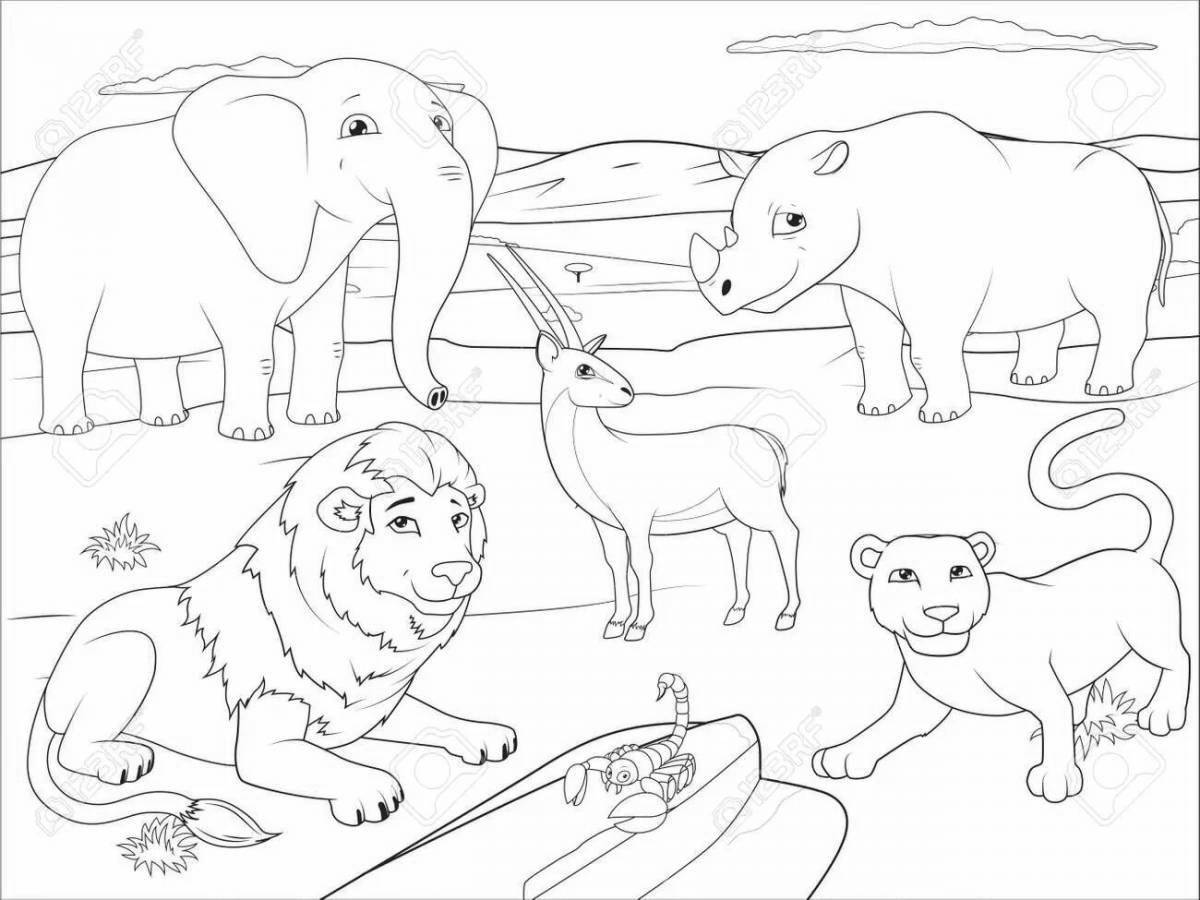 Радостная страница раскраски животных зоопарка