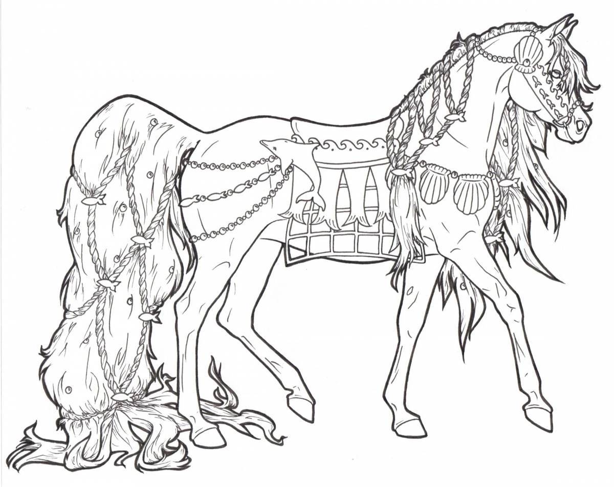 Величественная черная лошадь-раскраска