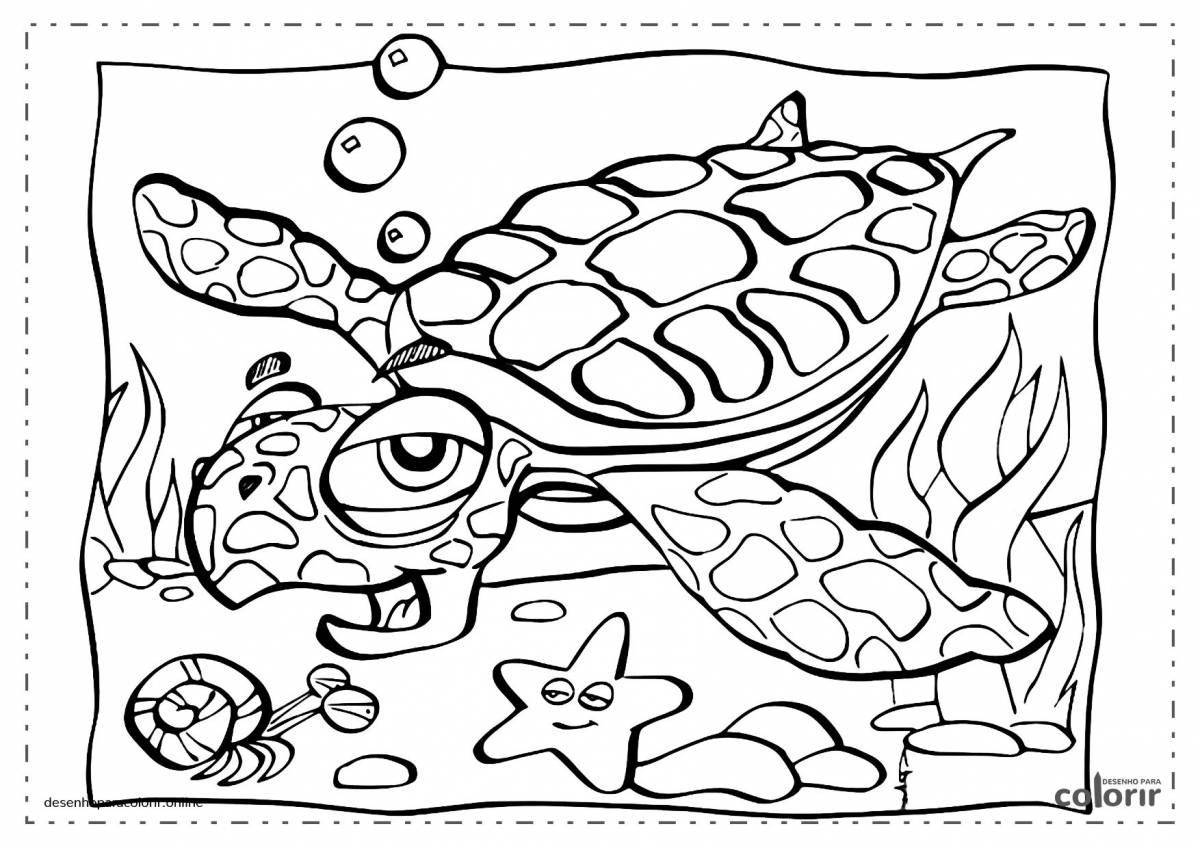 Игривая страница раскраски морской черепахи для детей