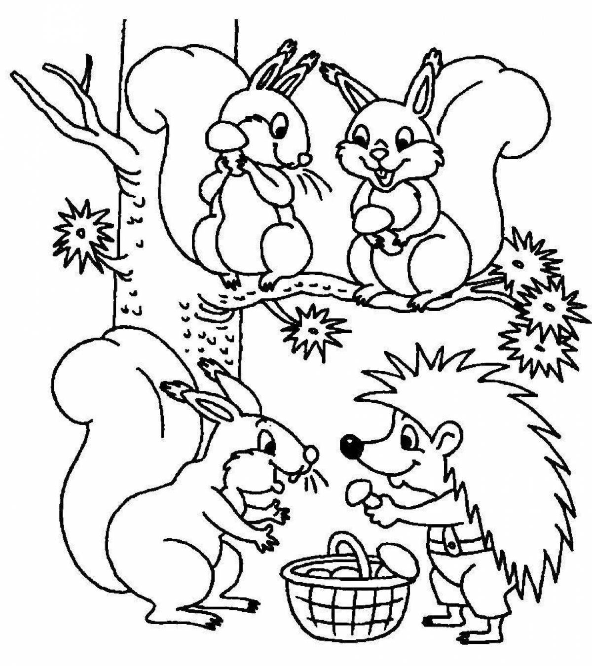 Colorful forest animals coloring page for kids