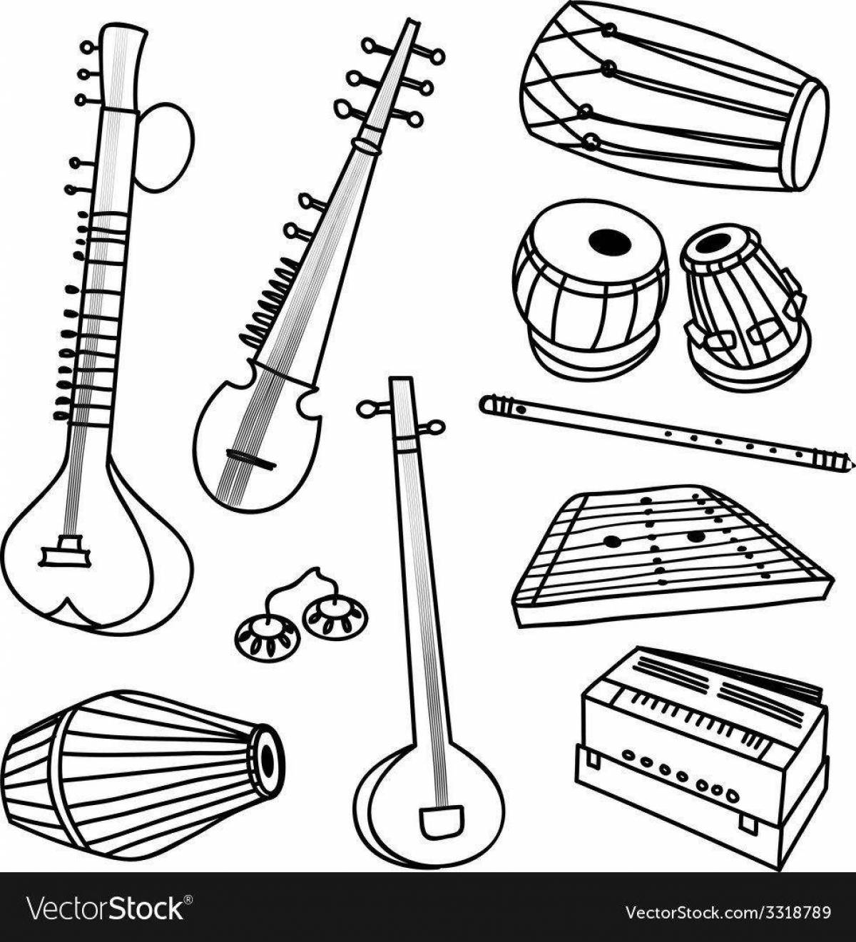 Shiny folk musical instruments coloring pages for kids
