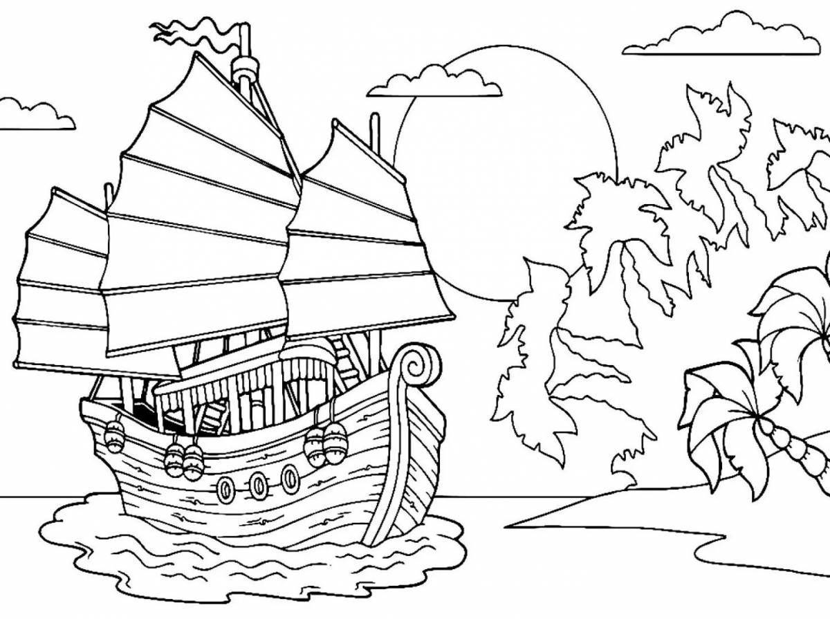 Bright coloring of the ship for children 7 years old