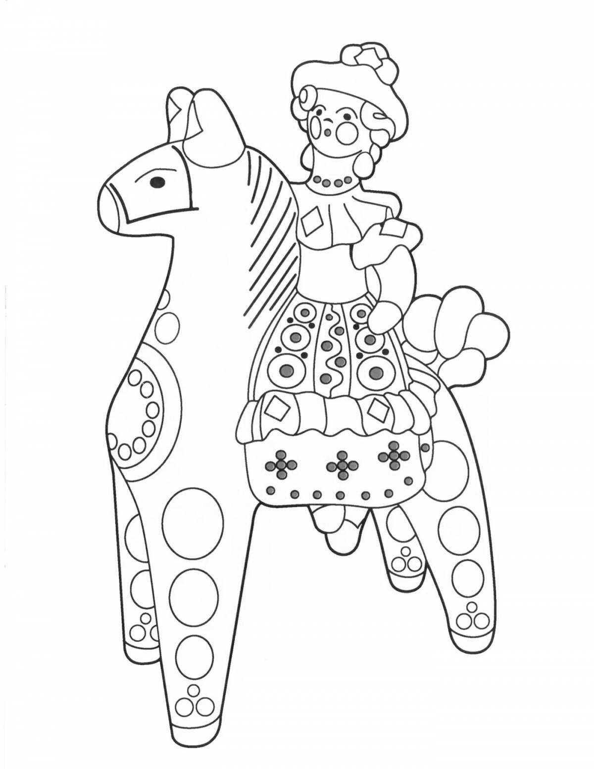 Coloring page charming horse for Dymkovo toy