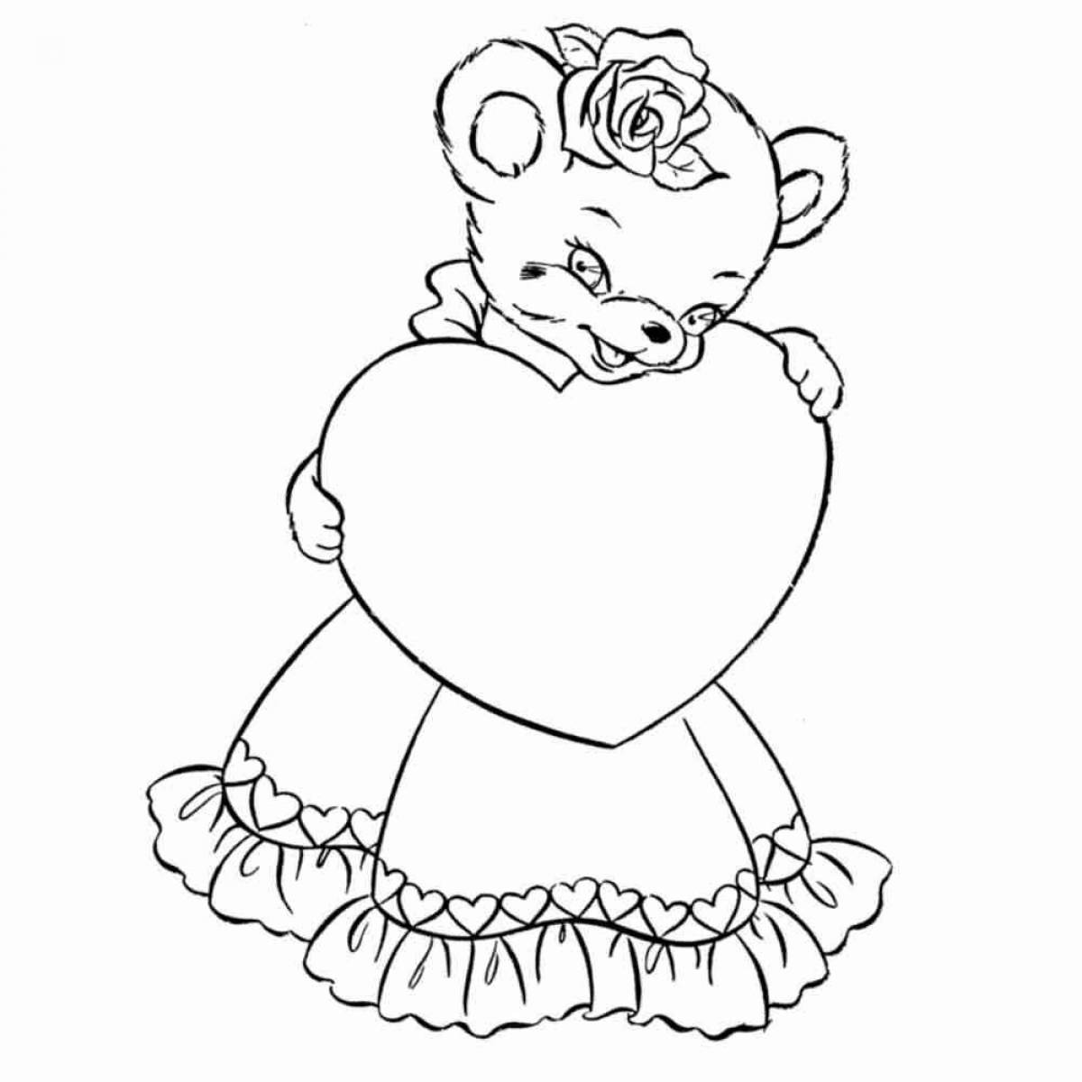 Красочный плюшевый мишка с сердечком раскраска