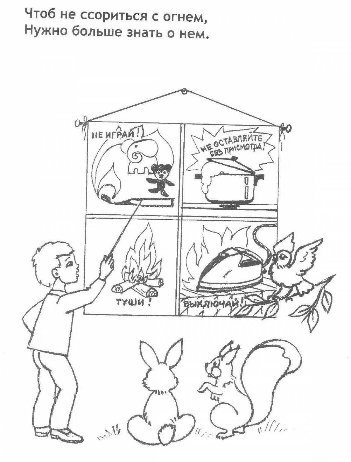 Playful kindergarten fire safety coloring page
