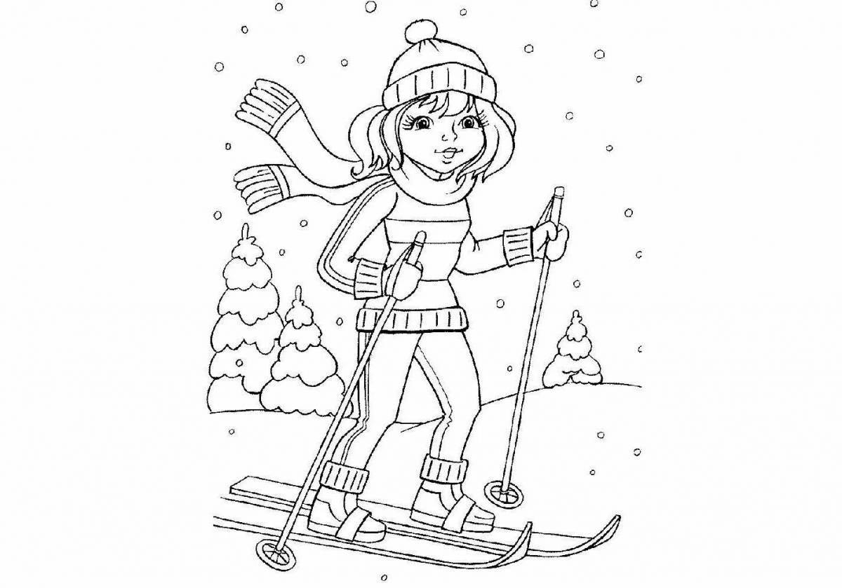 Развлекательная раскраска зимние виды спорта для дошкольников