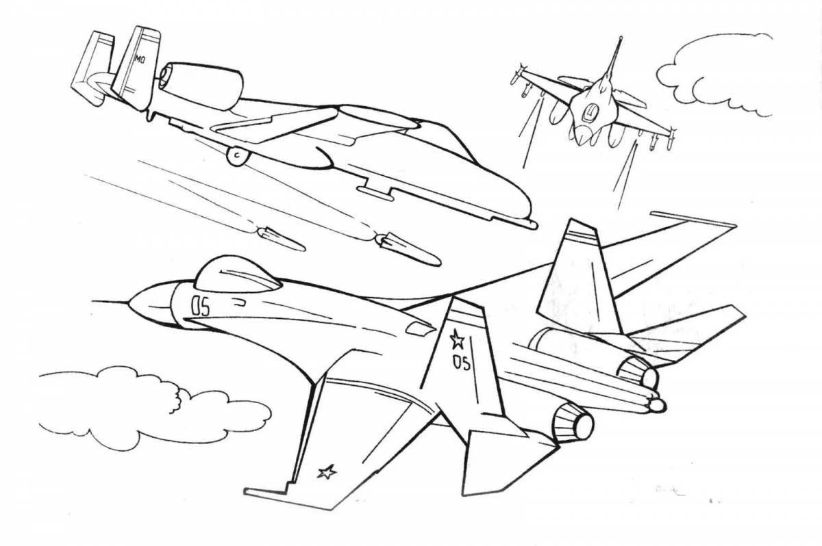 Vibrant military aircraft coloring book for 5-6 year olds