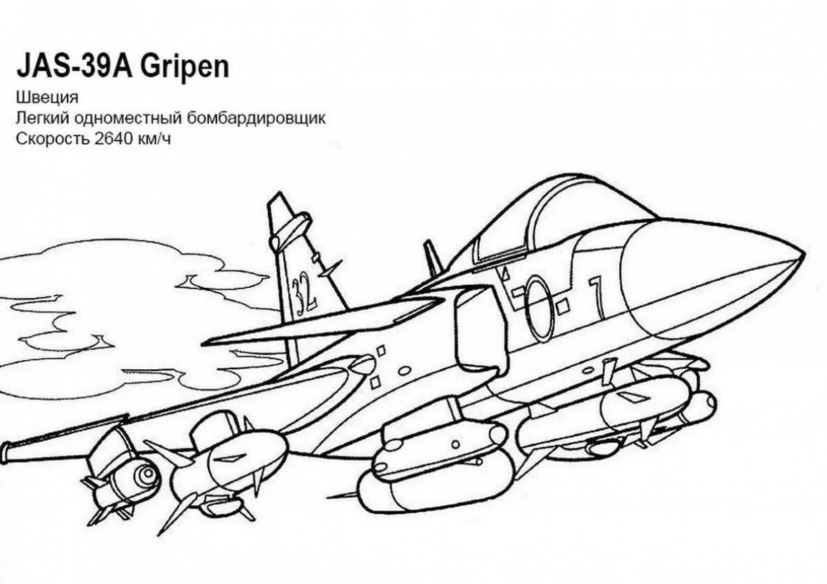 Coloring book stylish military aircraft for children 5-6 years old