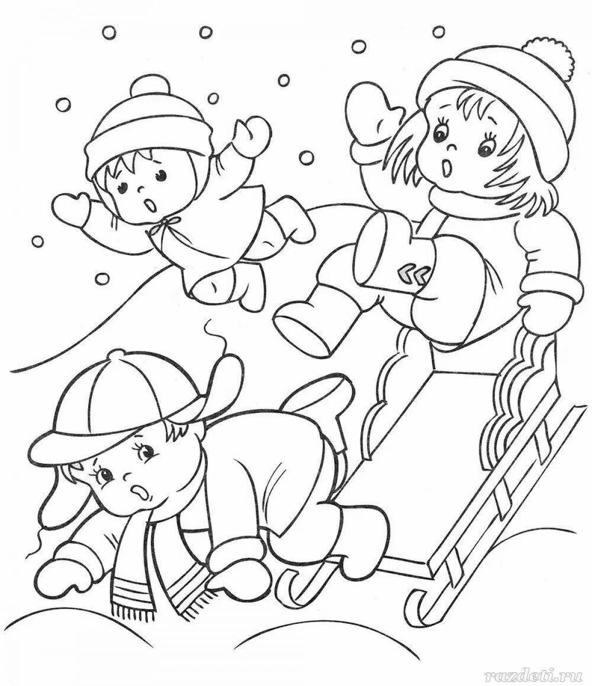 Bright coloring winter fun for children 3-4 years old in kindergarten