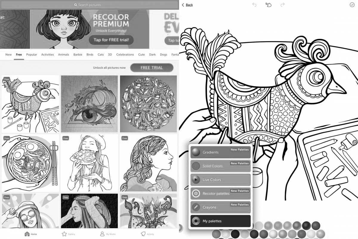 Stimulating software for coloring photo pages