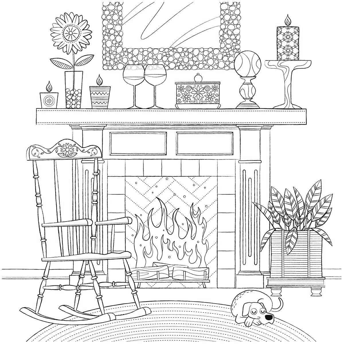 Coloring cute fireplace for kids