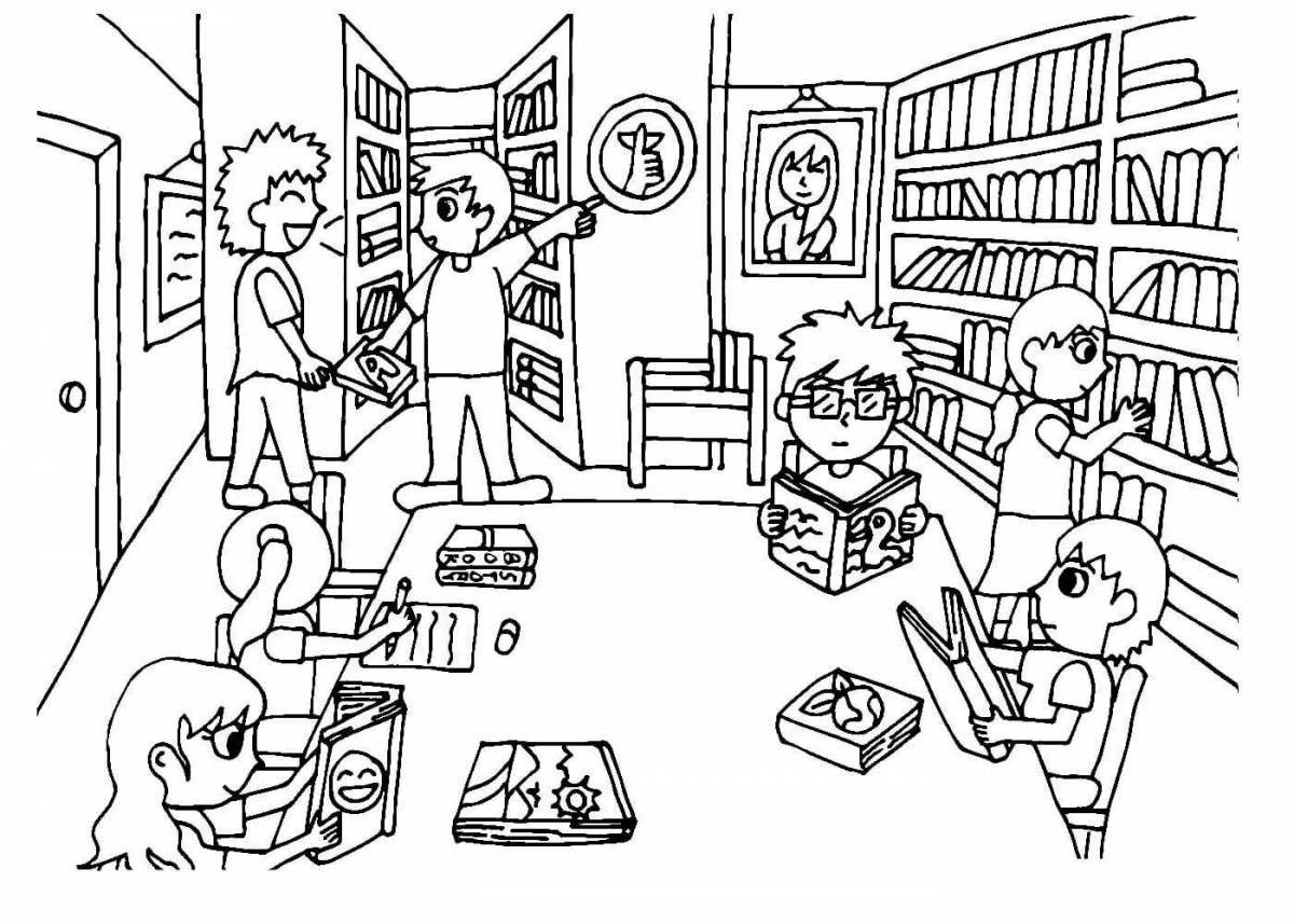 Playful library coloring page