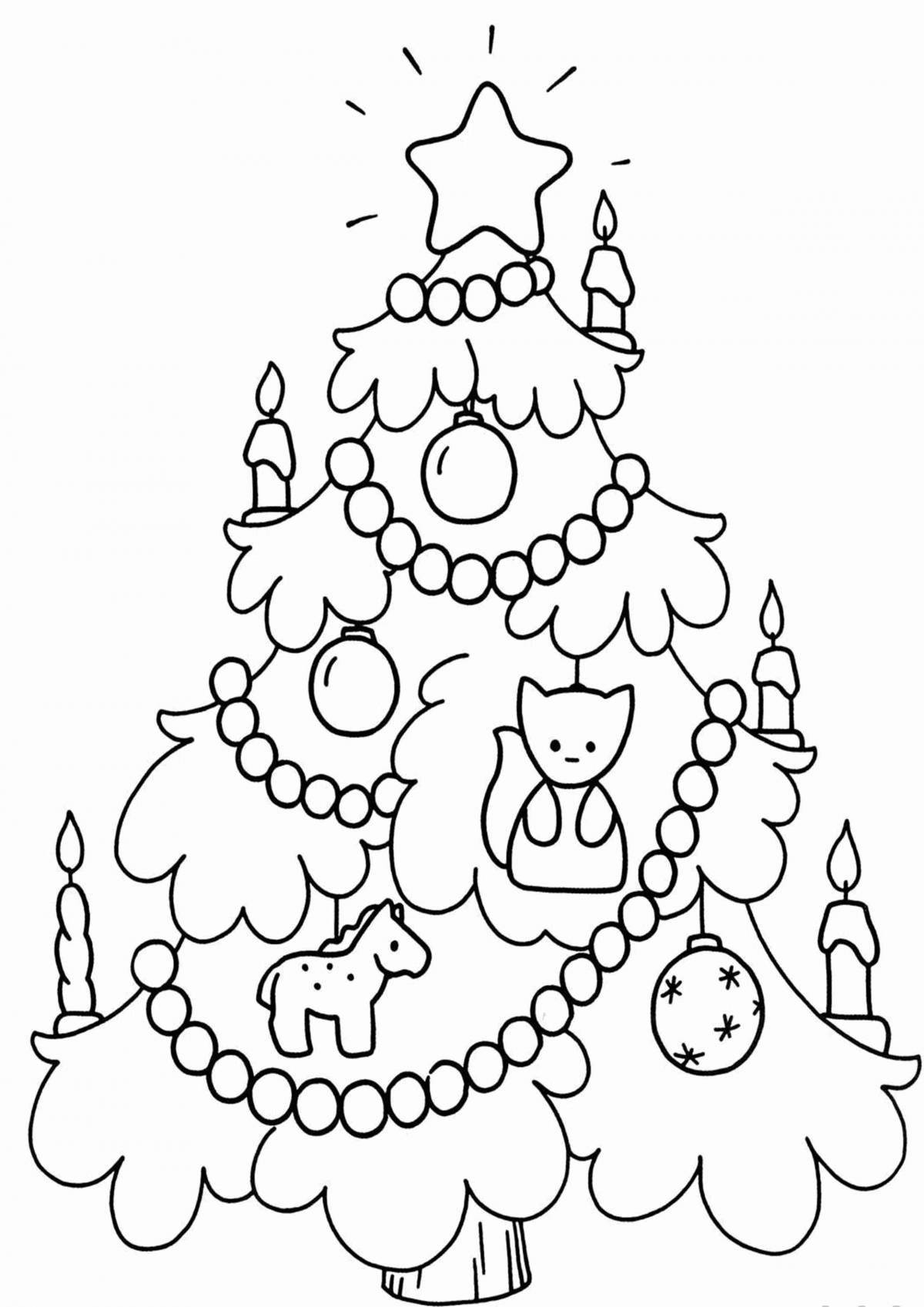Christmas tree coloring page with colored splashes for girls
