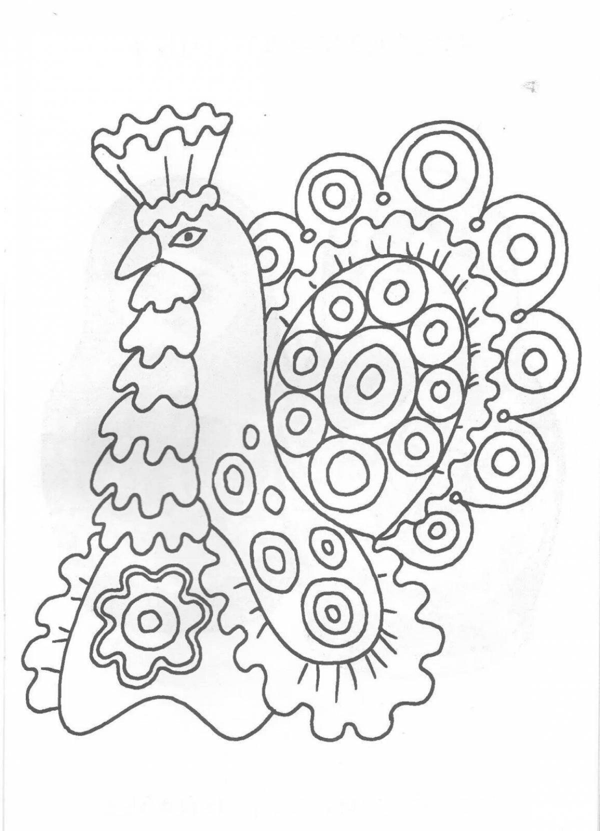 Coloring book playful Dymkovo rooster for preschoolers