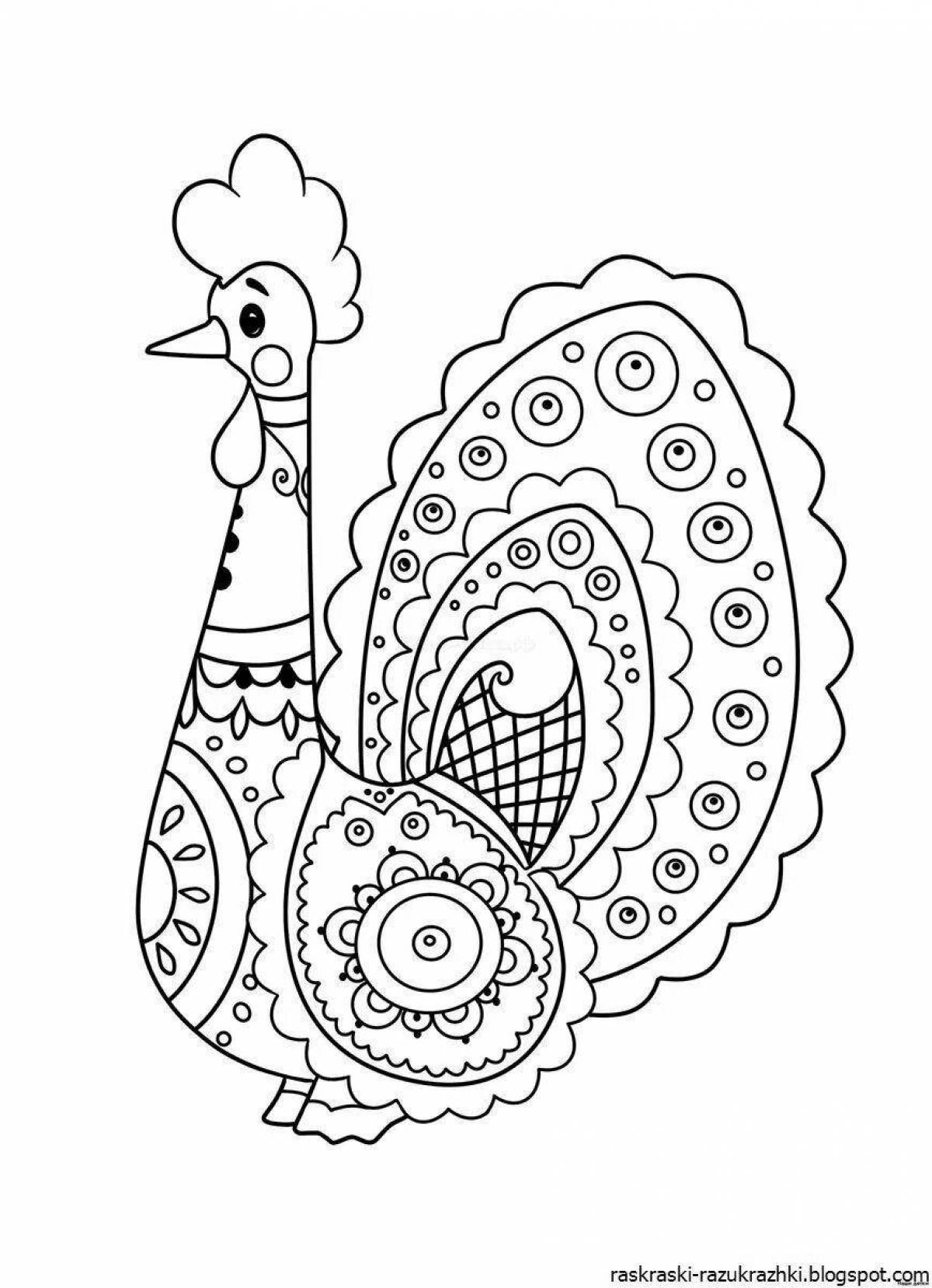 Раскраска очаровательный дымковский петух для дошкольников