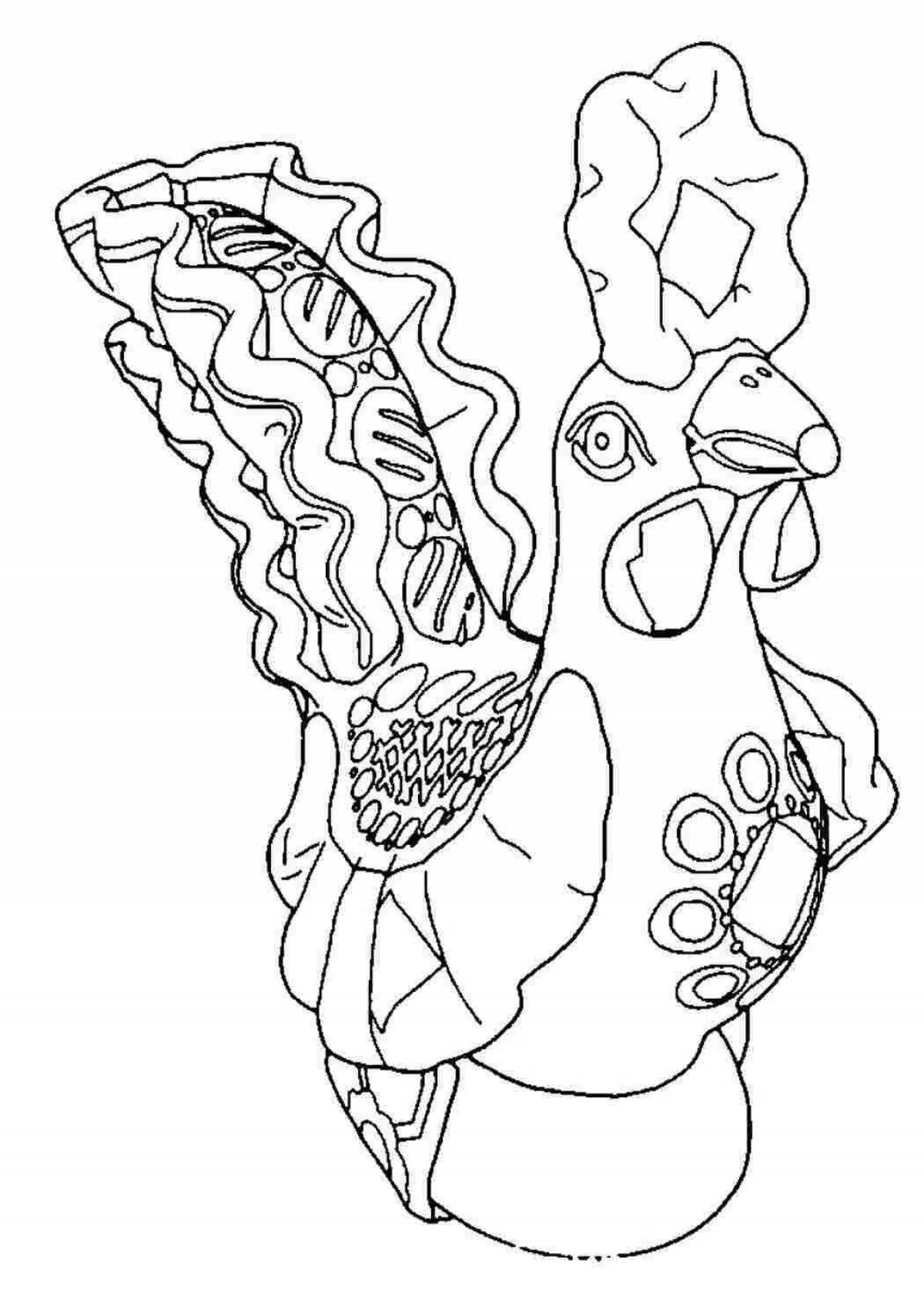 Coloring book cute Dymkovo rooster for preschoolers