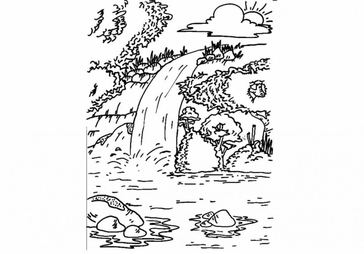 Colouring serene waterfall for kids