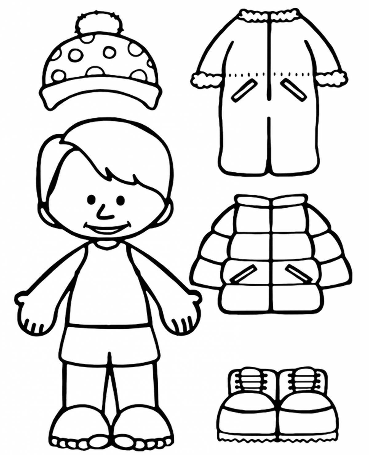 Playful winter clothes coloring page for kids