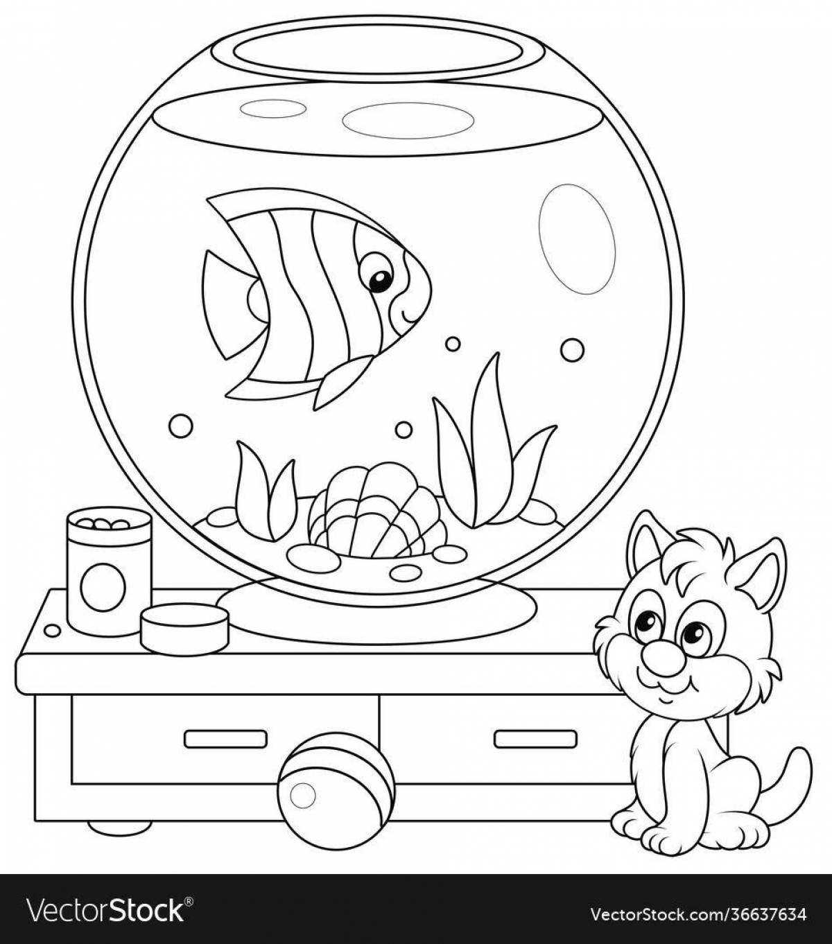 Раскраска котик и рыбка в аквариуме
