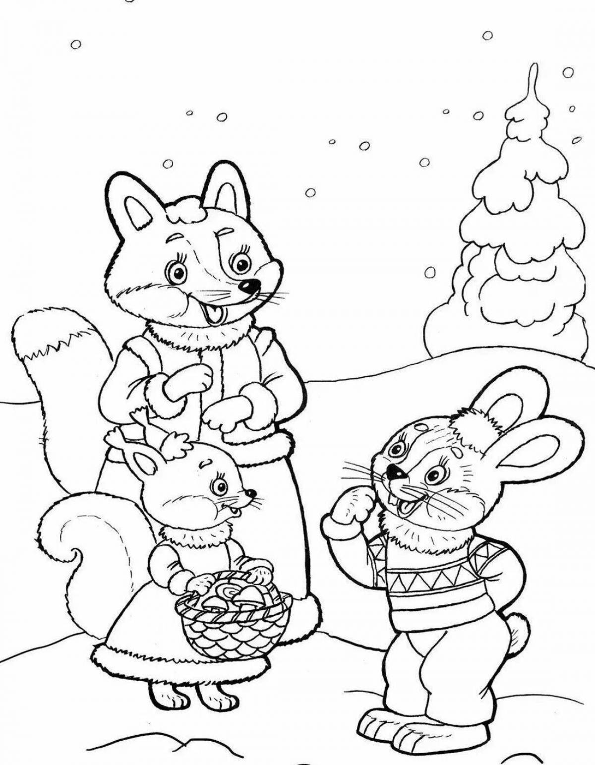 Colouring funny fox in winter