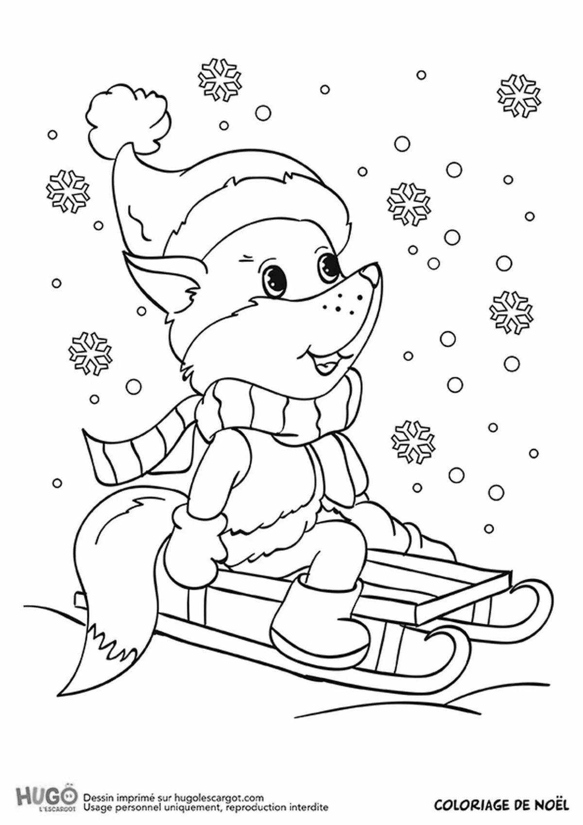Joyful fox in winter coloring book
