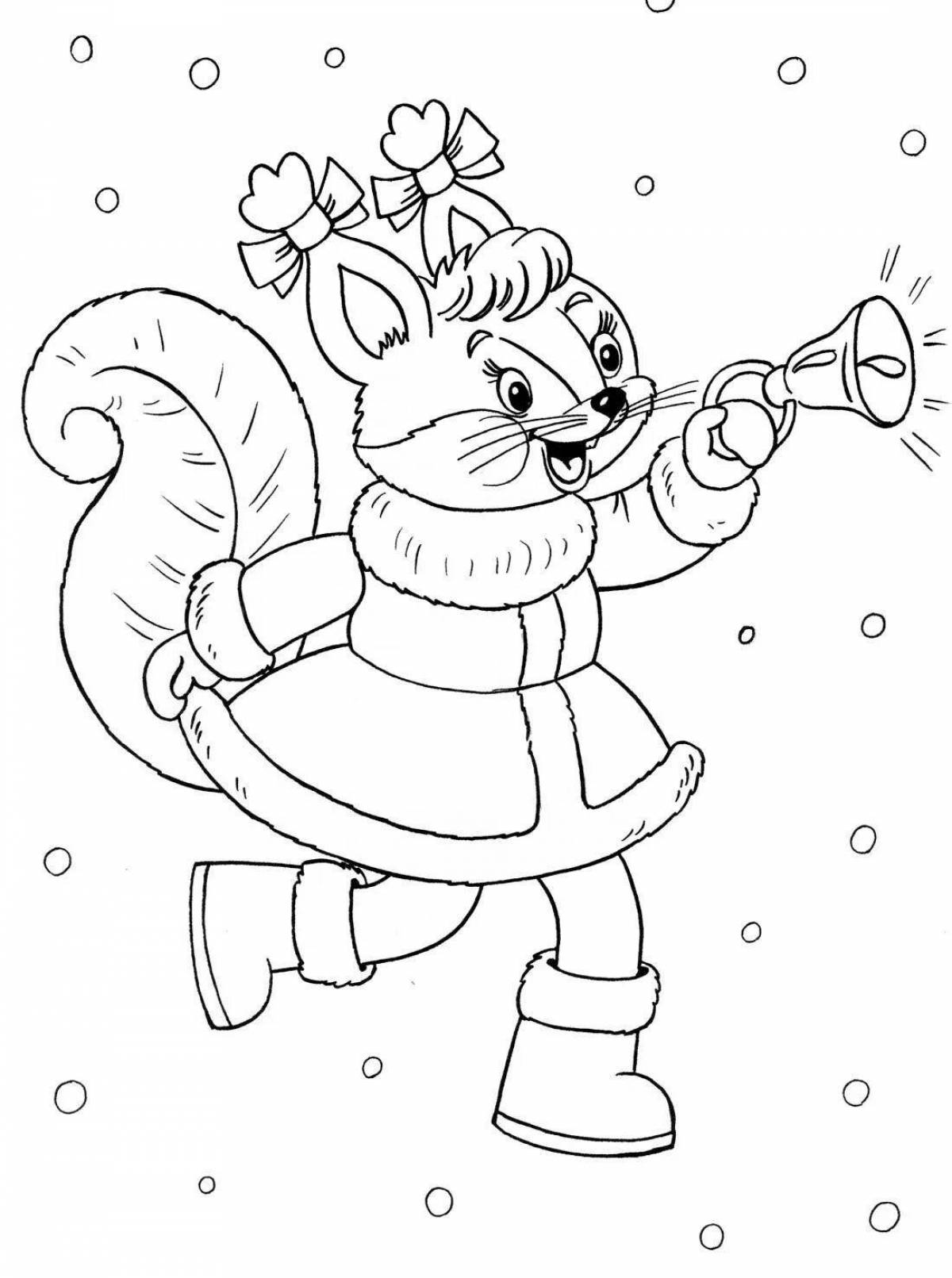 Cute fox in winter coloring book
