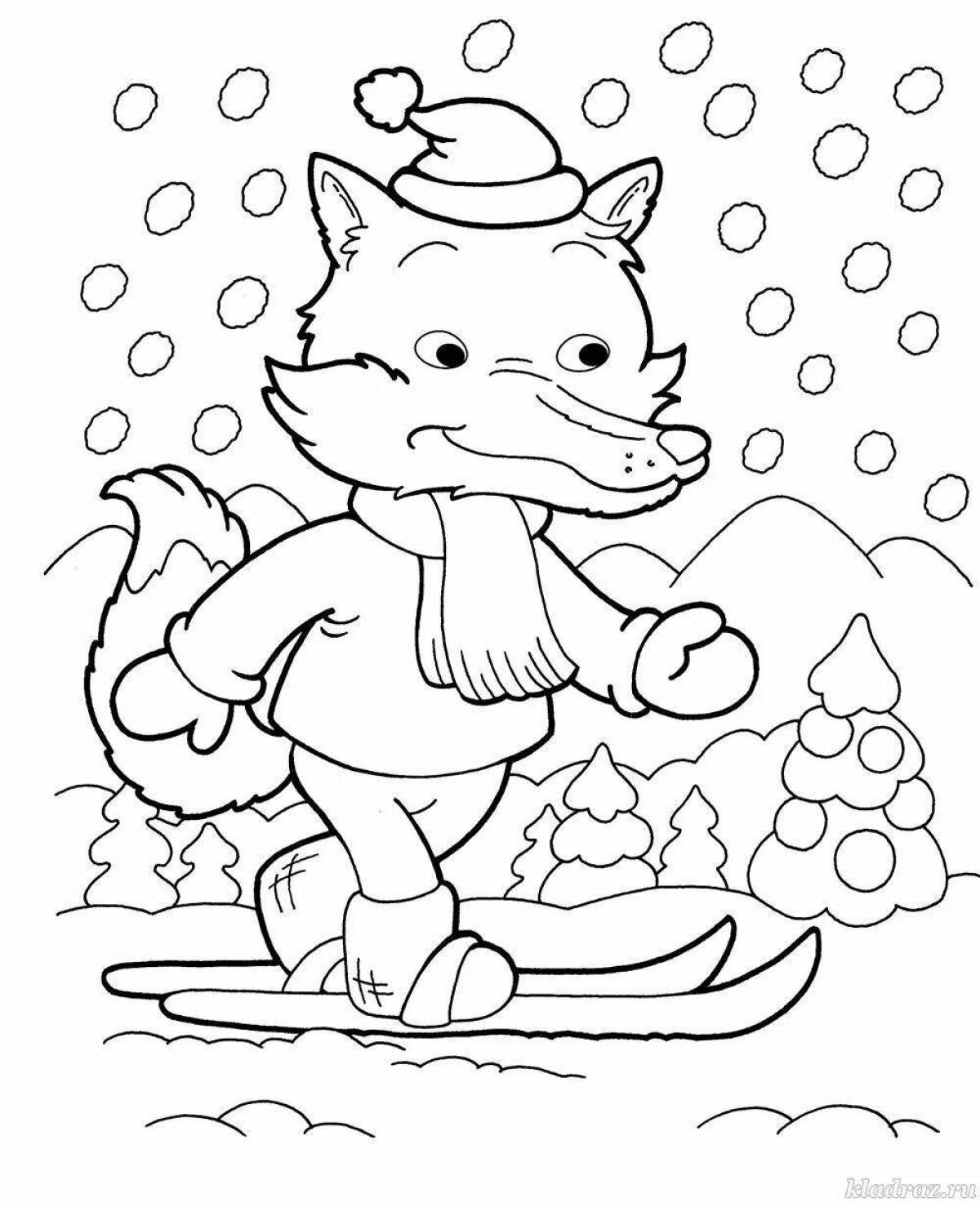 Coloring page fluffy fox in winter