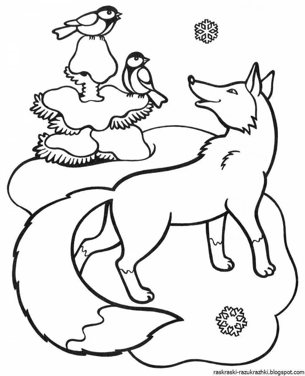 Coloring book brave fox in winter