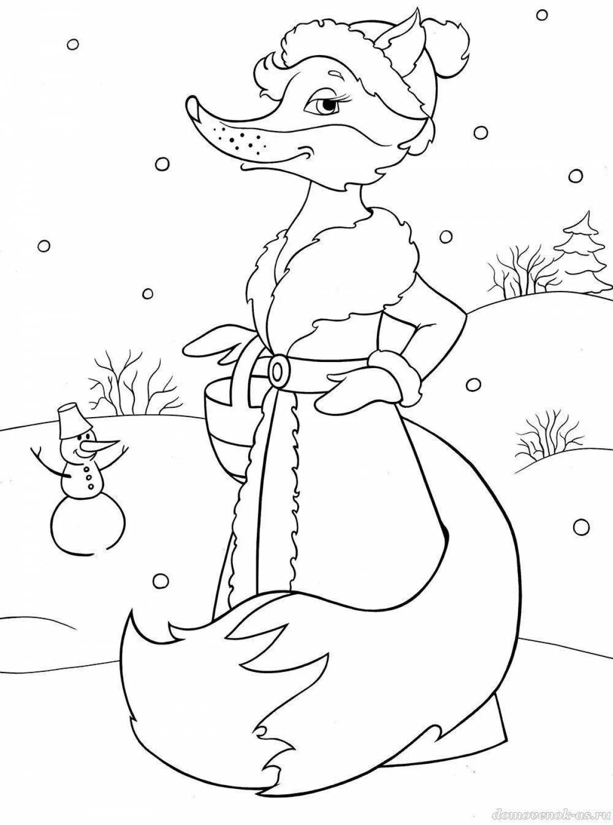 Coloring page gentle fox in winter
