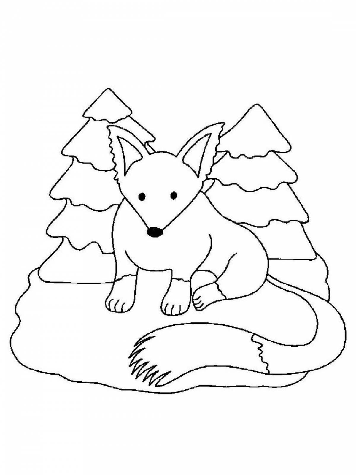 Calm fox in winter coloring book