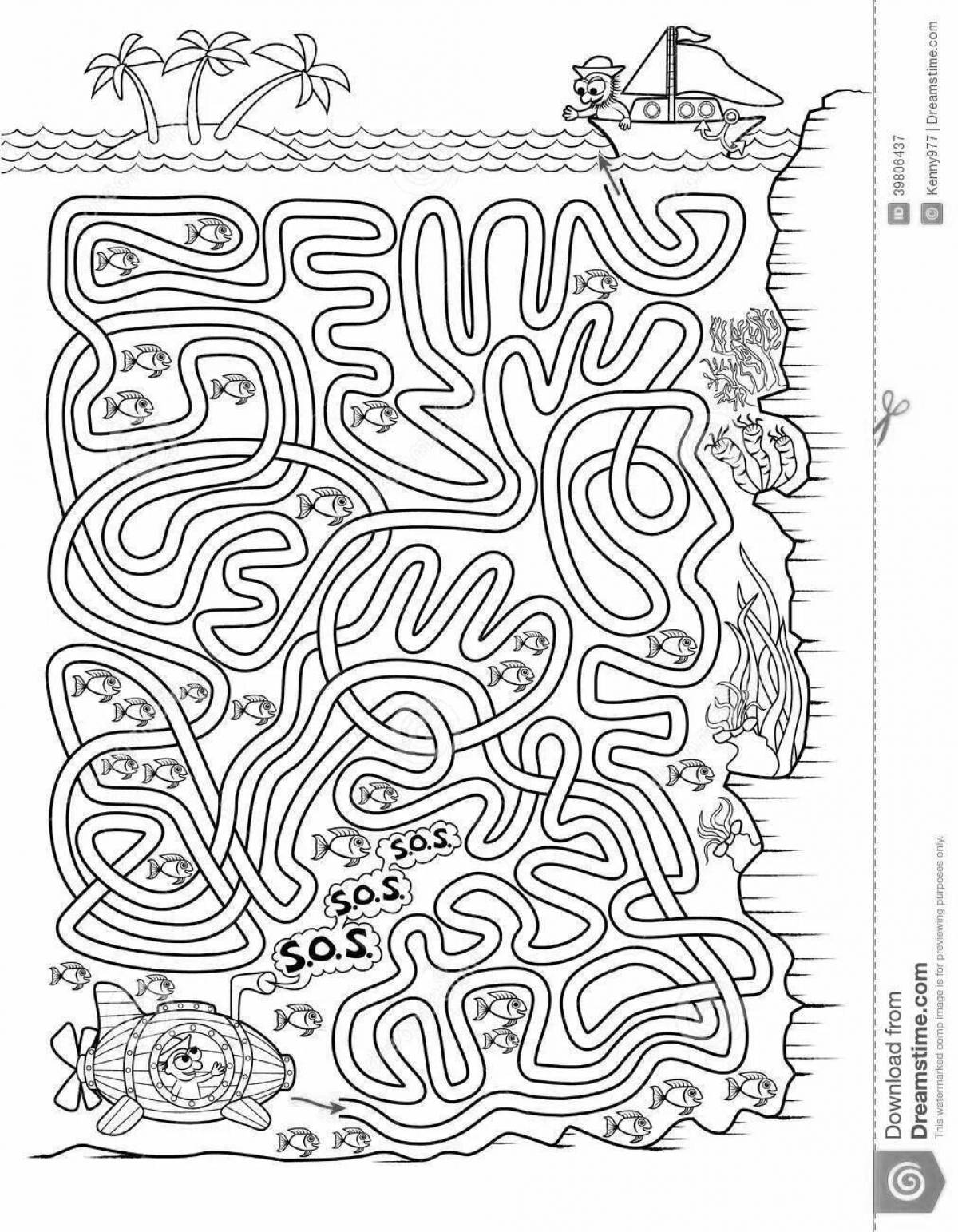 Coloring book inviting maze for children 10 years old